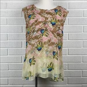 Cabi  Women's Pink & Turquoise Sheer Tropical Print Flowy Sleeveless Top Medium